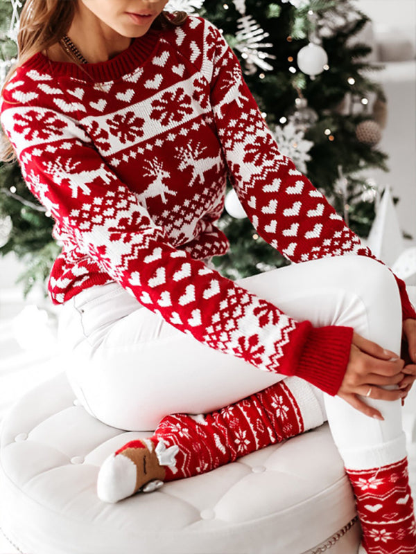 Christmas Sweater- Christmas Knit Round Neck Reindeer Thanksgiving Sweater Jumper- - Pekosa Women Clothing