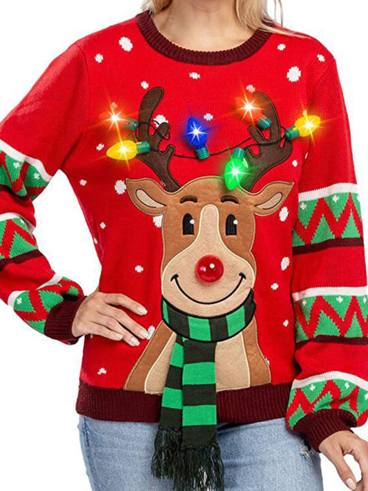 Christmas Sweater- Christmas Reindeer Light-Up Christmas Sweater with Bulbs- Red- Pekosa Women Clothing