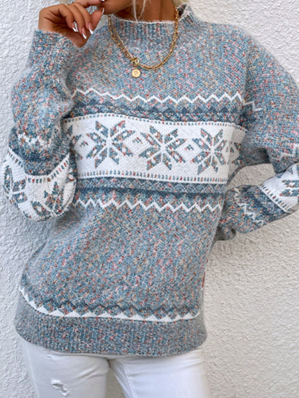 Christmas Sweater- Christmas Snowflakes Knit High Neck Cozy Sweater Jumper- - Pekosa Women Clothing