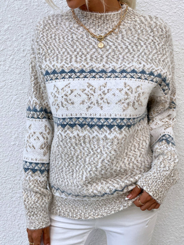 Christmas Sweater- Christmas Snowflakes Knit High Neck Cozy Sweater Jumper- - Pekosa Women Clothing