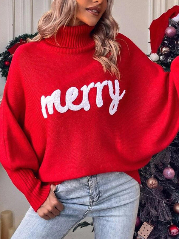 Christmas Sweater- Merry Christmas Knit Turtle Neck Bat Sleeve Jumper Sweater- Red- Pekosa Women Clothing