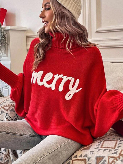 Christmas Sweater- Merry Christmas Knit Turtle Neck Bat Sleeve Jumper Sweater- - Pekosa Women Clothing