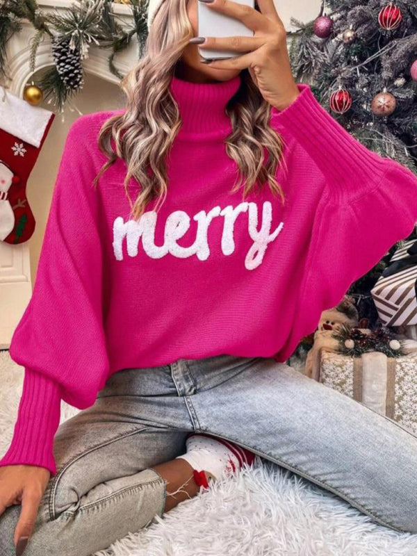 Christmas Sweater- Merry Christmas Knit Turtle Neck Bat Sleeve Jumper Sweater- - Pekosa Women Clothing