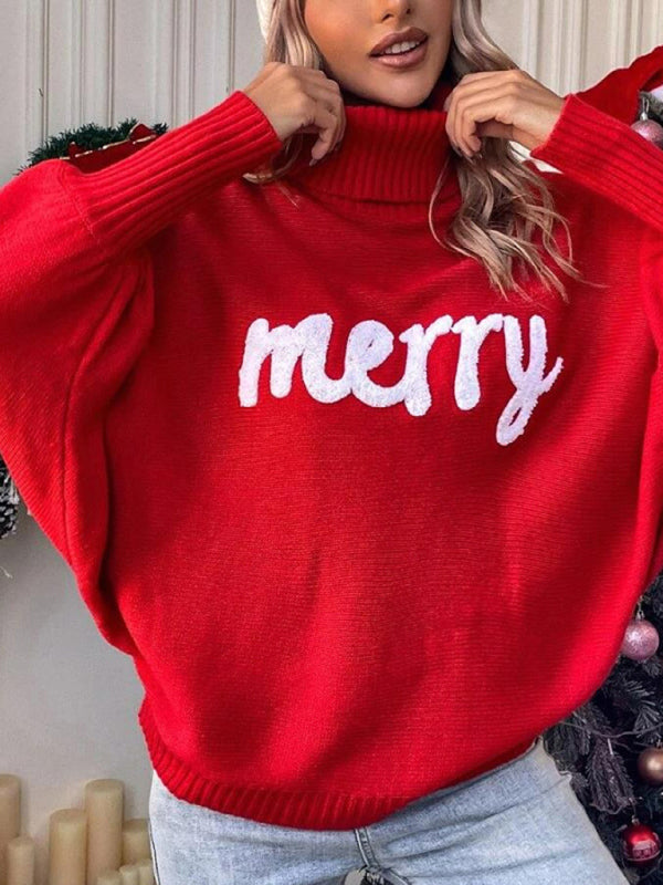 Christmas Sweater- Merry Christmas Knit Turtle Neck Bat Sleeve Jumper Sweater- - Pekosa Women Clothing