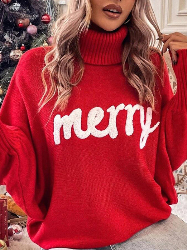 Christmas Sweater- Merry Christmas Knit Turtle Neck Bat Sleeve Jumper Sweater- - Pekosa Women Clothing