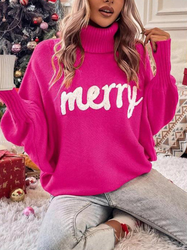 Christmas Sweater- Merry Christmas Knit Turtle Neck Bat Sleeve Jumper Sweater- Rose- Pekosa Women Clothing