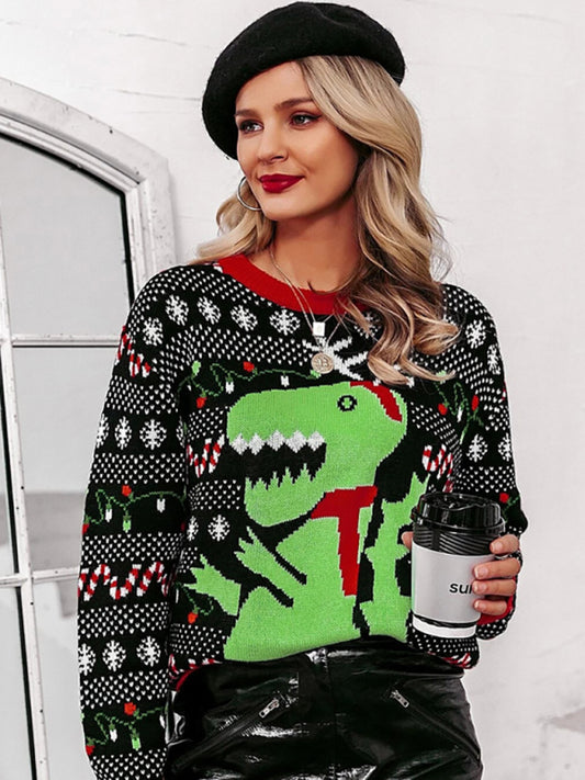 Christmas Sweater- Thanksgiving Christmas Dinosaur Knitted Crew Neck Sweater Jumper- Black- Pekosa Women Clothing