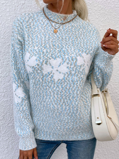 Christmas Sweater- Xmas Knit Mock Neck Thanksgiving Snowflake Sweater Jumper- Blue- Pekosa Women Clothing