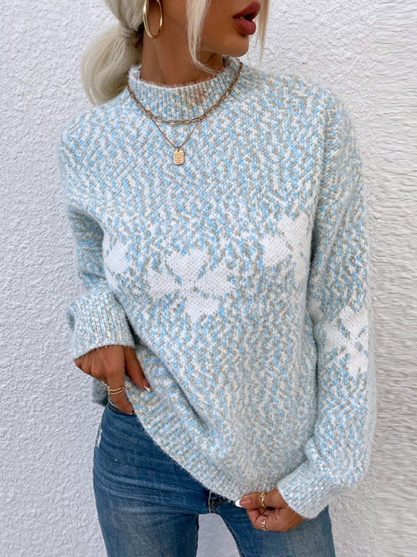 Christmas Sweater- Xmas Knit Mock Neck Thanksgiving Snowflake Sweater Jumper- - Pekosa Women Clothing