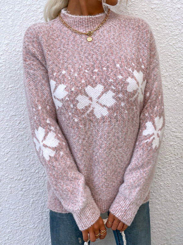 Christmas Sweater- Xmas Knit Mock Neck Thanksgiving Snowflake Sweater Jumper- - Pekosa Women Clothing