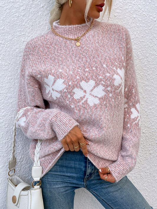 Christmas Sweater- Xmas Knit Mock Neck Thanksgiving Snowflake Sweater Jumper- Pink- Pekosa Women Clothing