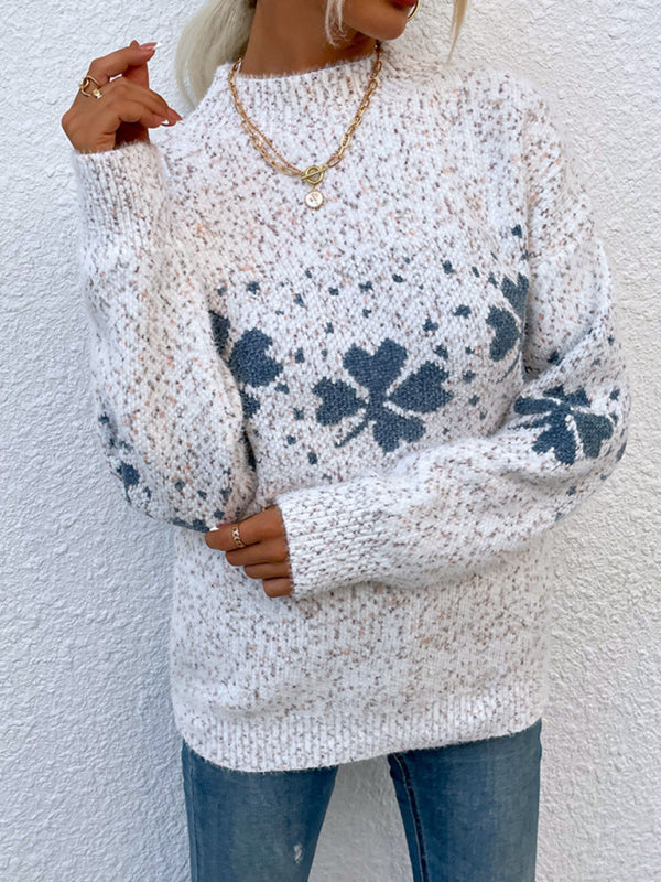 Christmas Sweater- Xmas Knit Mock Neck Thanksgiving Snowflake Sweater Jumper- Cream- Pekosa Women Clothing