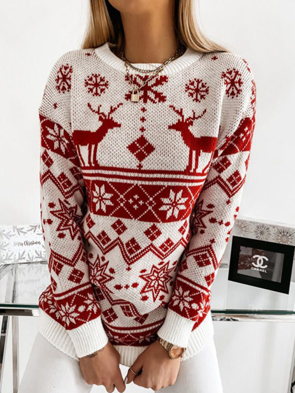 Christmas Sweater- Xmas Knit Reindeer Snowflakes Mid Sweater- - Pekosa Women Clothing