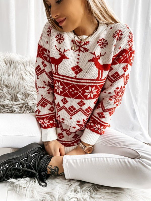 Christmas Sweater- Xmas Knit Reindeer Snowflakes Mid Sweater- - Pekosa Women Clothing