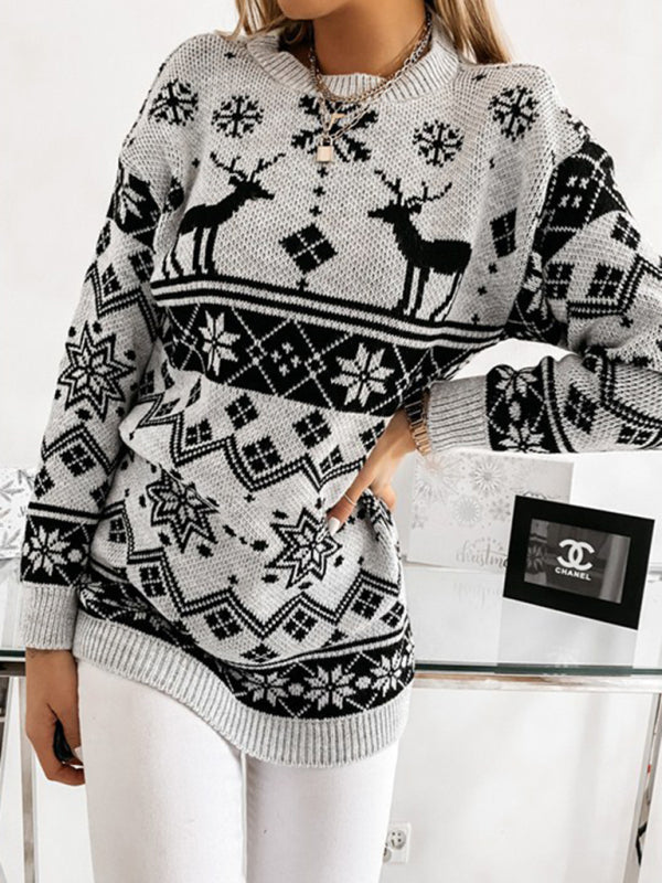 Christmas Sweater- Xmas Knit Reindeer Snowflakes Mid Sweater- - Pekosa Women Clothing