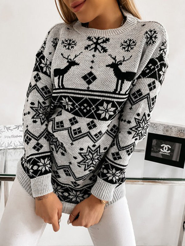 Christmas Sweater- Xmas Knit Reindeer Snowflakes Mid Sweater- - Pekosa Women Clothing