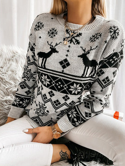 Christmas Sweater- Xmas Knit Reindeer Snowflakes Mid Sweater- Grey- Pekosa Women Clothing