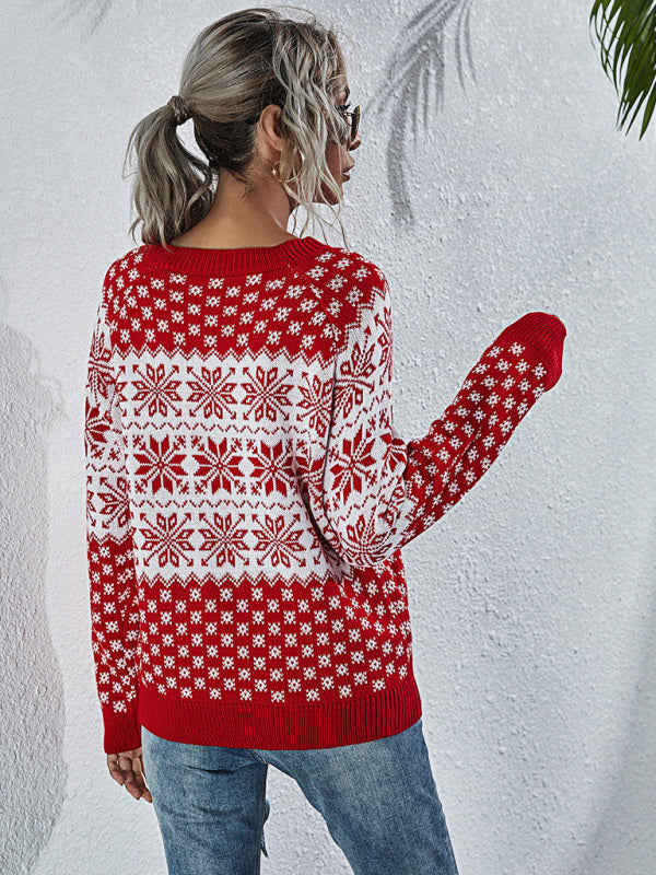 Christmas Sweater- Xmas Knitted Round Neck Snowflakes Sweater Jumper- - Pekosa Women Clothing