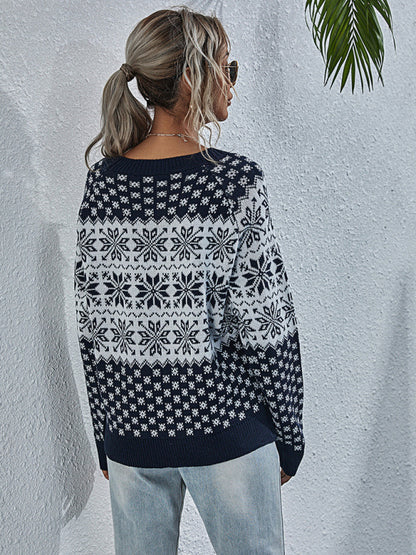 Christmas Sweater- Xmas Knitted Round Neck Snowflakes Sweater Jumper- - Pekosa Women Clothing