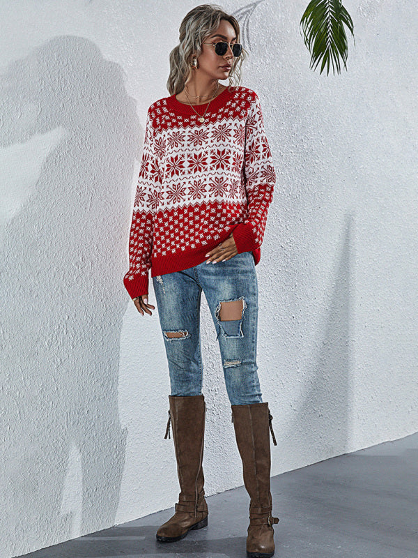 Christmas Sweater- Xmas Knitted Round Neck Snowflakes Sweater Jumper- - Pekosa Women Clothing