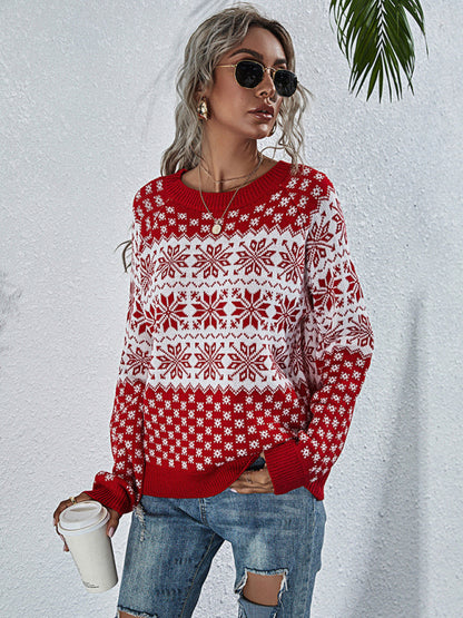 Christmas Sweater- Xmas Knitted Round Neck Snowflakes Sweater Jumper- Red- Pekosa Women Clothing