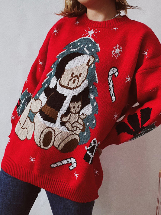 Christmas Sweaters- Christmas Chunky Knit Thanksgiving Cozy Bear Sweater- Red- Pekosa Women Clothing