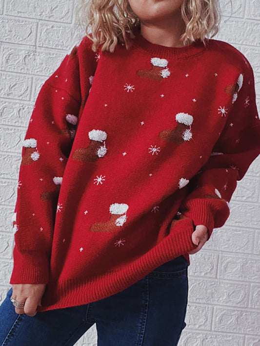 Christmas Sweaters- Christmas Santa Chunky Knitted Thanksgiving Cozy Sweater- Red- Pekosa Women Clothing