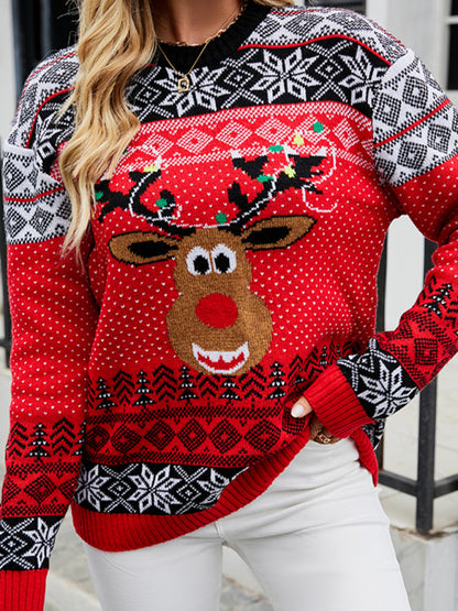 Christmas Sweaters- Women's Christmas Elk Crew Neck Pullover Long Sleeve Sweater- - Pekosa Women Clothing