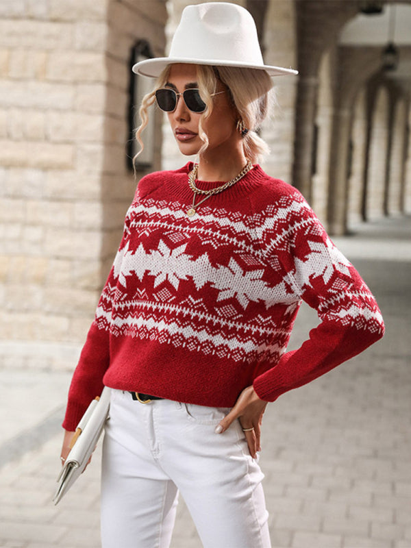 Christmas Sweaters- Women’s Christmas Snowflake Knit Sweater- Wine Red- Pekosa Women Clothing