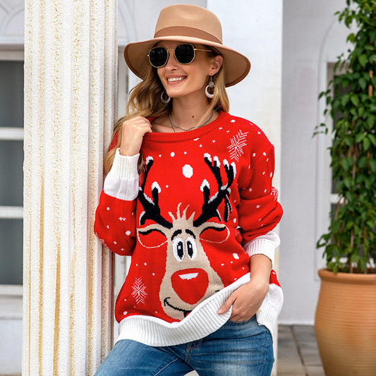 Christmas Sweaters- Women’s Snowflakes Reindeer Christmas Knit Sweater- Red- Pekosa Women Clothing