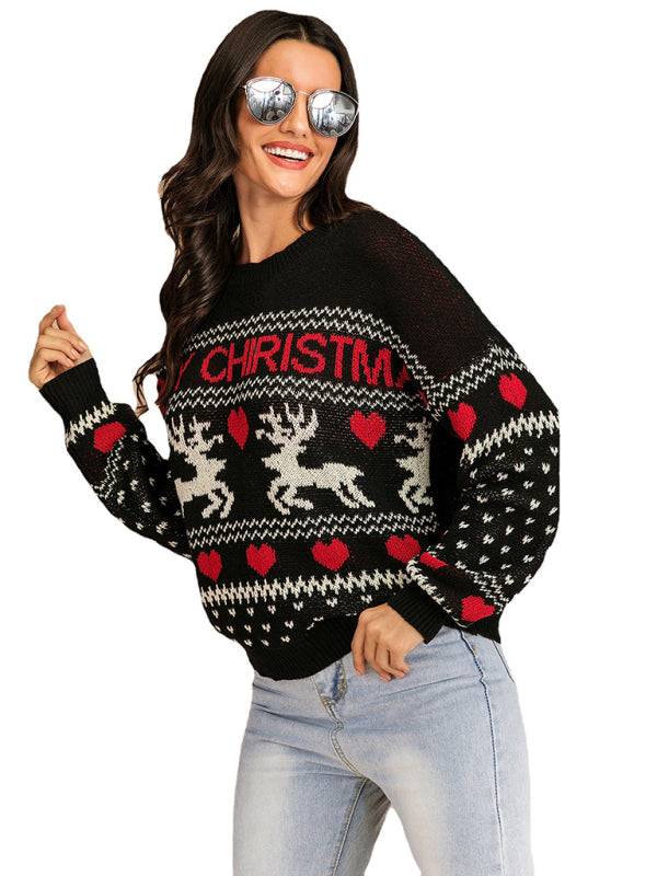 Christmas Sweaters- Xmas Reindeer Knit Cozy Thanksgiving Elk Merry Christmas Sweater- Black- Pekosa Women Clothing