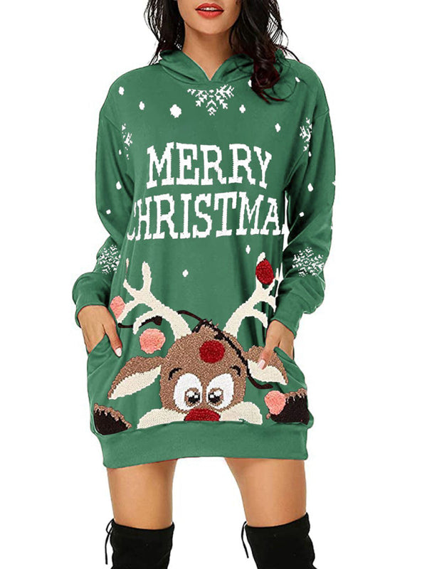 Christmas Sweatshirts- Christmas Print Hoodie Reindeer Mid-Length Sweatshirt Dress- Pattern1- Pekosa Women Clothing