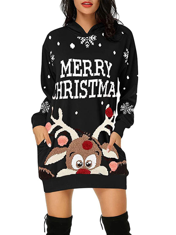 Christmas Sweatshirts- Christmas Print Hoodie Reindeer Mid-Length Sweatshirt Dress- Pattern2- Pekosa Women Clothing