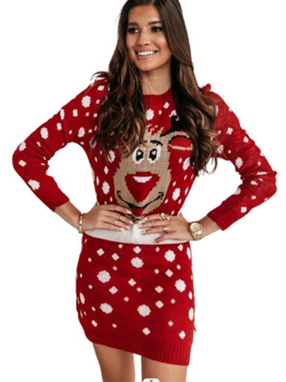 Christmas dresses- Christmas Knit Reindeer Fluffy Snowflake Xmas Sweater Dress- - Pekosa Women Clothing