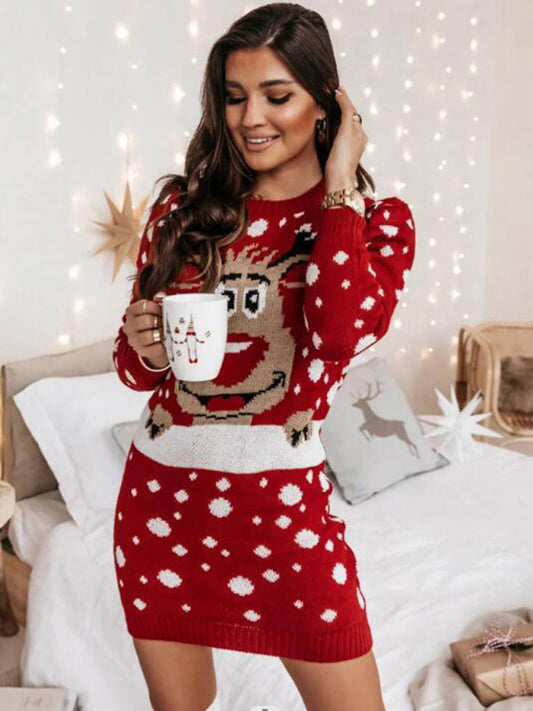 Christmas dresses- Christmas Knit Reindeer Fluffy Snowflake Xmas Sweater Dress- Red- Pekosa Women Clothing