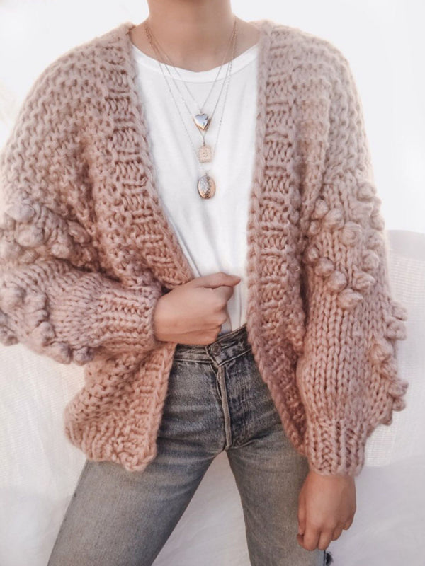 Chunky Cardigans- Cute Open Front Chunky Waffle Knit Sweater Cardigan- Pink- Pekosa Women Clothing