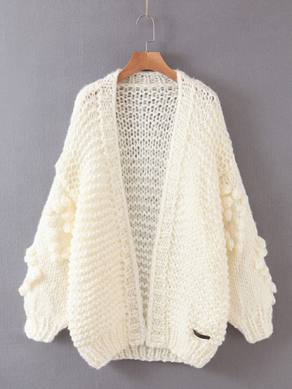 Chunky Cardigans- Cute Open Front Chunky Waffle Knit Sweater Cardigan- White- Pekosa Women Clothing