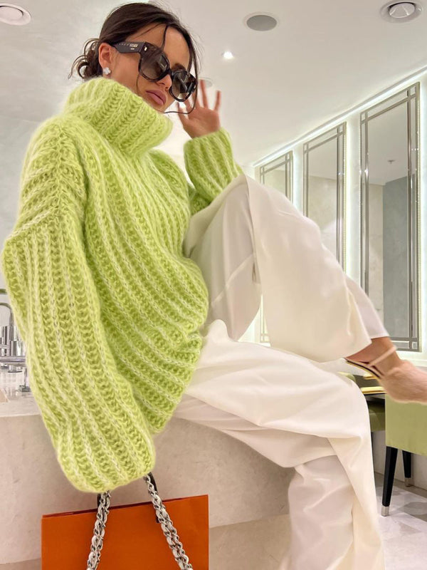 Chunky Sweaters- Relaxed Fit Chunky Turtleneck Sweater | Oversized Cozy Jumper- Green- Pekosa Women Clothing