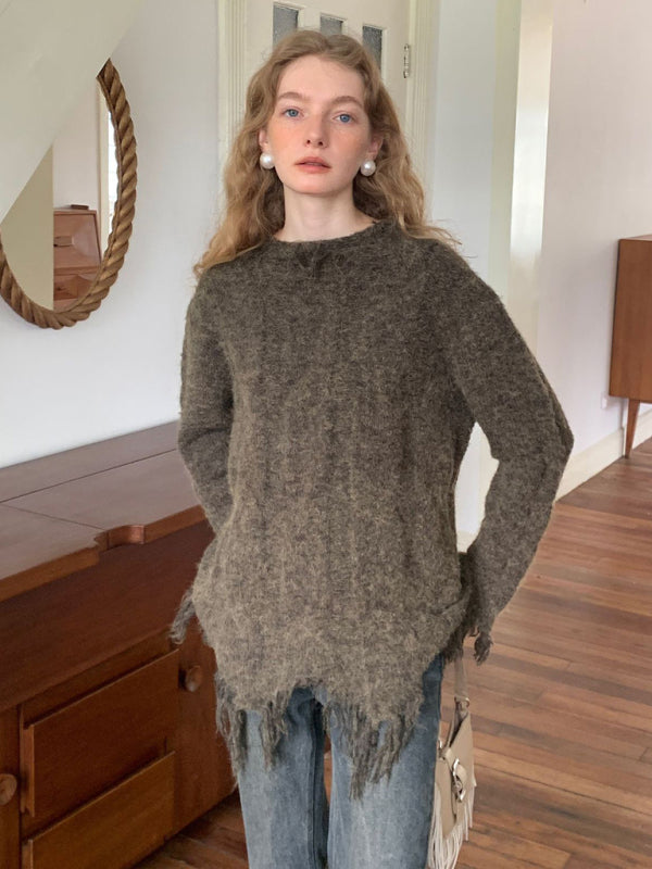 Chunky Sweaters- Wool and Cotton Distressed Knit Chunky Winter Sweater- Green- Pekosa Women Clothing