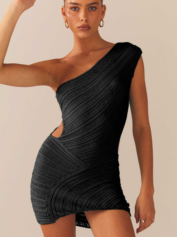 Club Dresses- Party-Ready One-Shoulder Knit Cutout Micro Mini Dress- Black- Pekosa Women Clothing