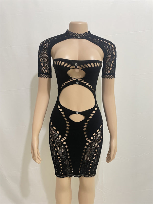 Clubbing Dresses- Disco Tube Hollow Bodycon Mini Dress with Beads- - Pekosa Women Fashion