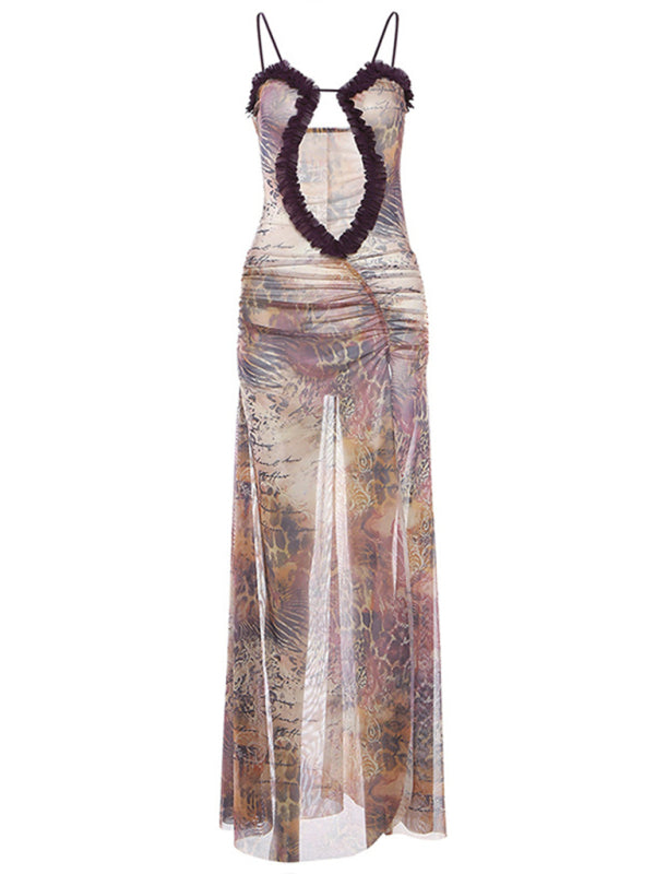 Clubbing Dresses- Runway-Inspired Dark Print See-Through Cutout Slit Maxi Dress- - Pekosa Women Fashion