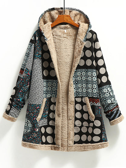 Coats- Autumn Print Cotton-Linen Faux Fur Hooded Coat- Grey- Pekosa Women Clothing