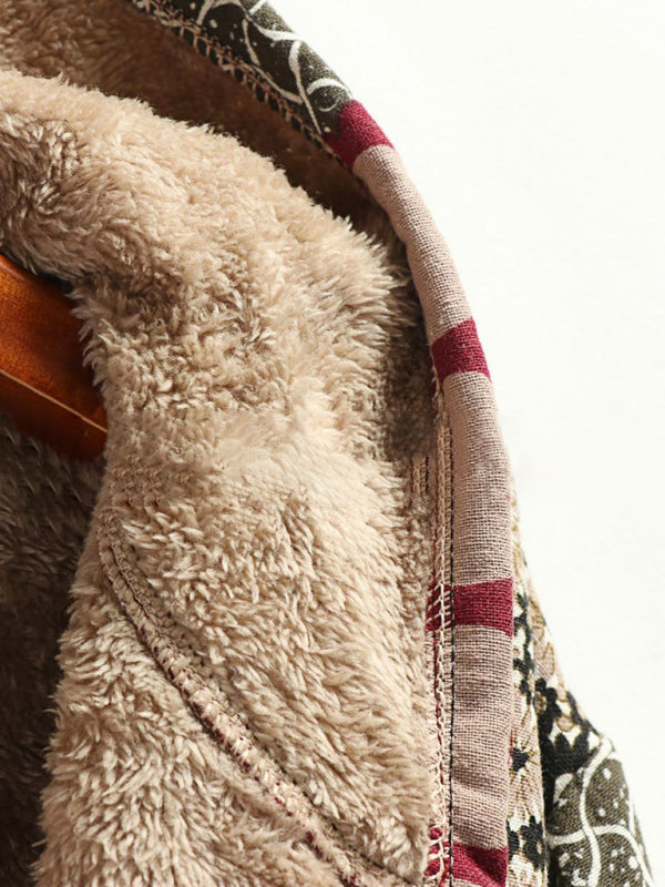 Coats- Autumn Print Cotton-Linen Faux Fur Hooded Coat- - Pekosa Women Clothing