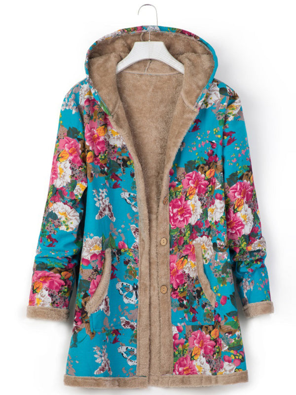 Coats- Autumn Print Cotton-Linen Faux Fur Hooded Coat- Clear blue- Pekosa Women Clothing