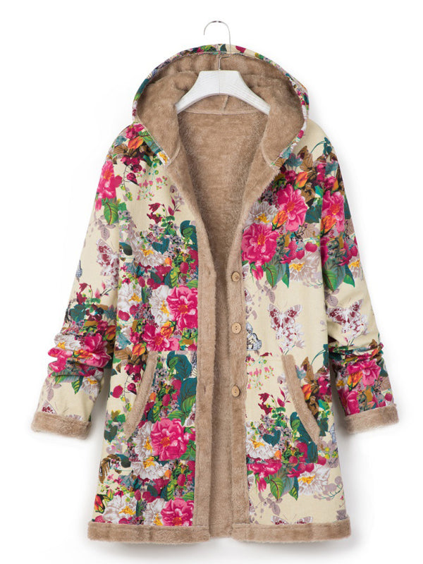 Coats- Autumn Print Cotton-Linen Faux Fur Hooded Coat- - Pekosa Women Clothing