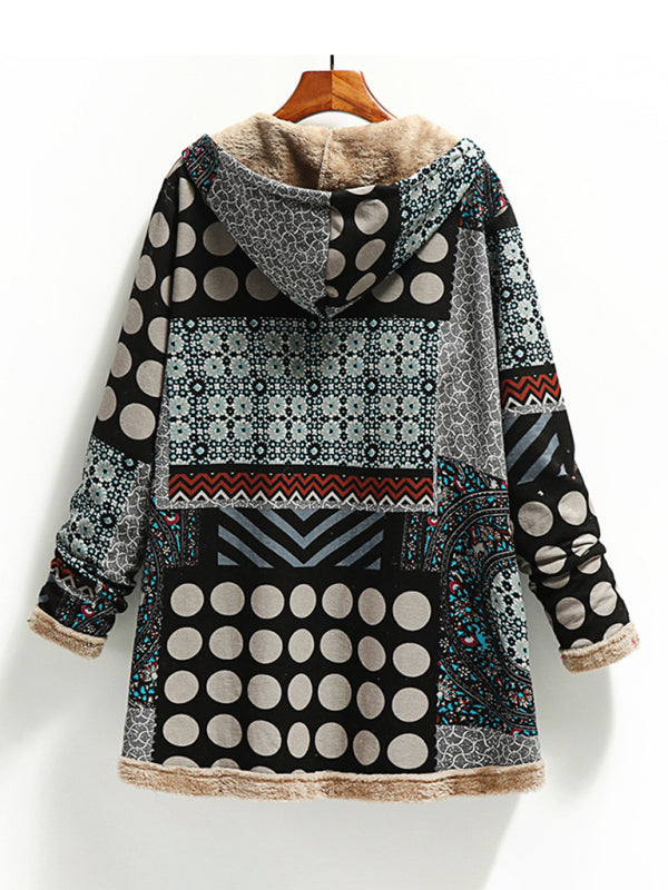 Coats- Autumn Print Cotton-Linen Faux Fur Hooded Coat- - Pekosa Women Clothing