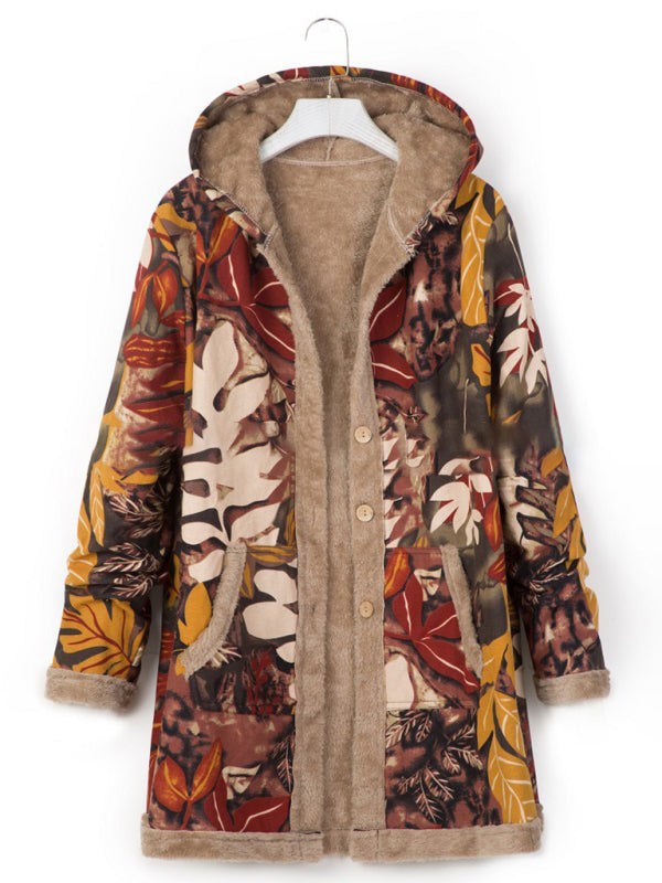 Coats- Autumn Print Cotton-Linen Faux Fur Hooded Coat- Khaki- Pekosa Women Clothing