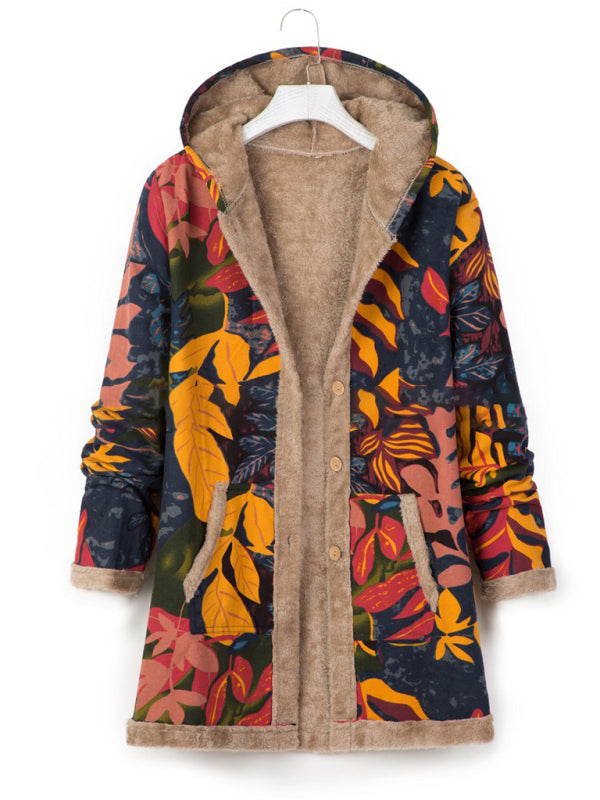 Coats- Autumn Print Cotton-Linen Faux Fur Hooded Coat- Blue- Pekosa Women Clothing