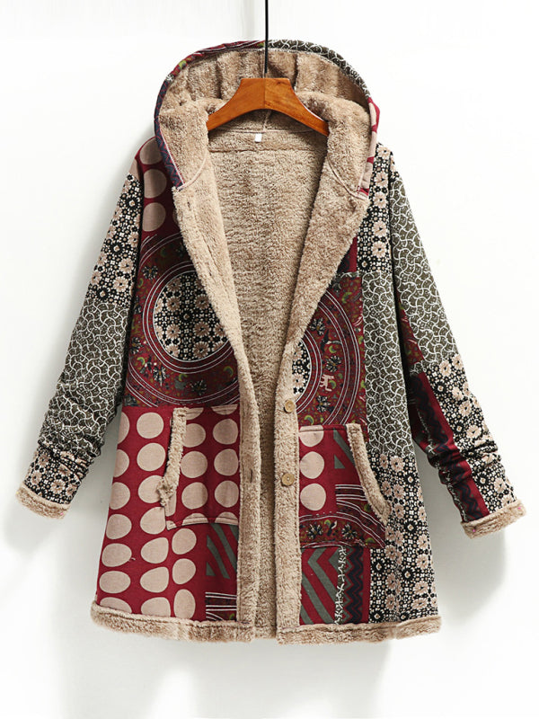 Coats- Autumn Print Cotton-Linen Faux Fur Hooded Coat- Wine Red- Pekosa Women Clothing